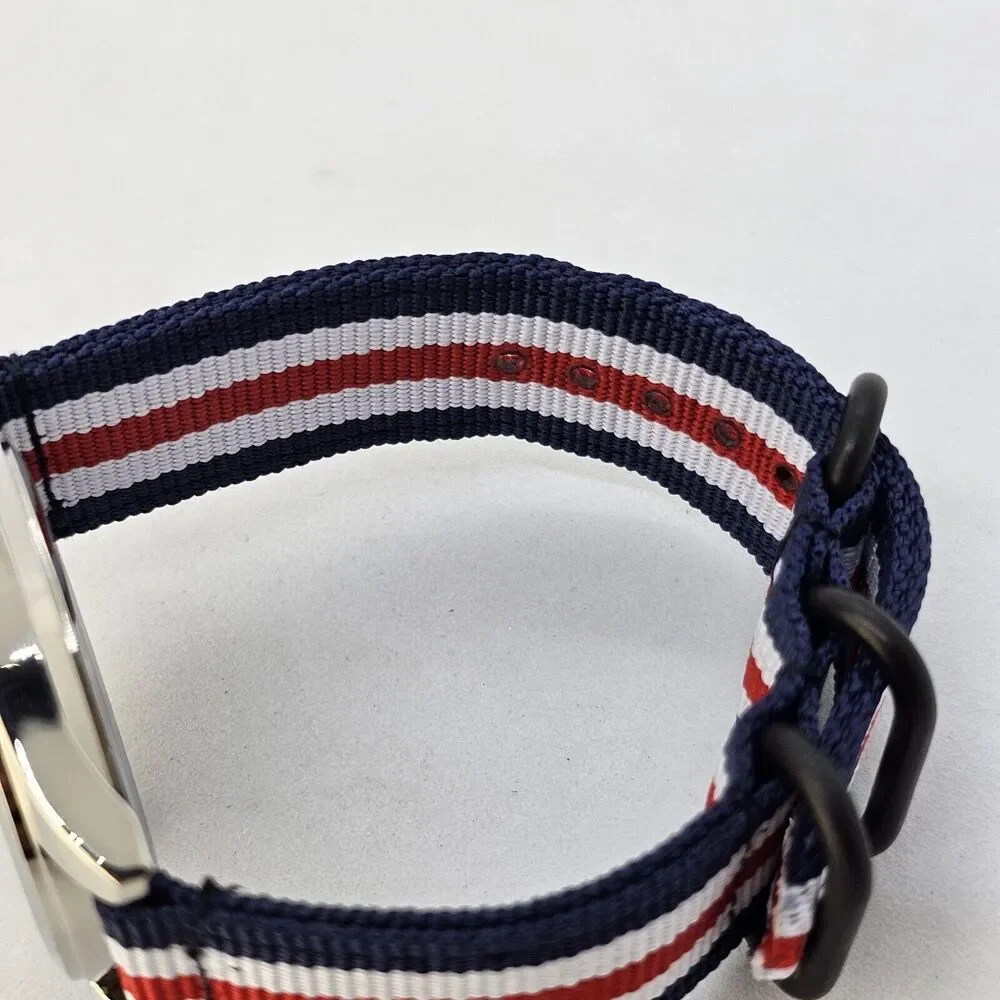 Men's Field Military Watch 42MM‎ Black Dial Blue White Red Canvas Band Straps